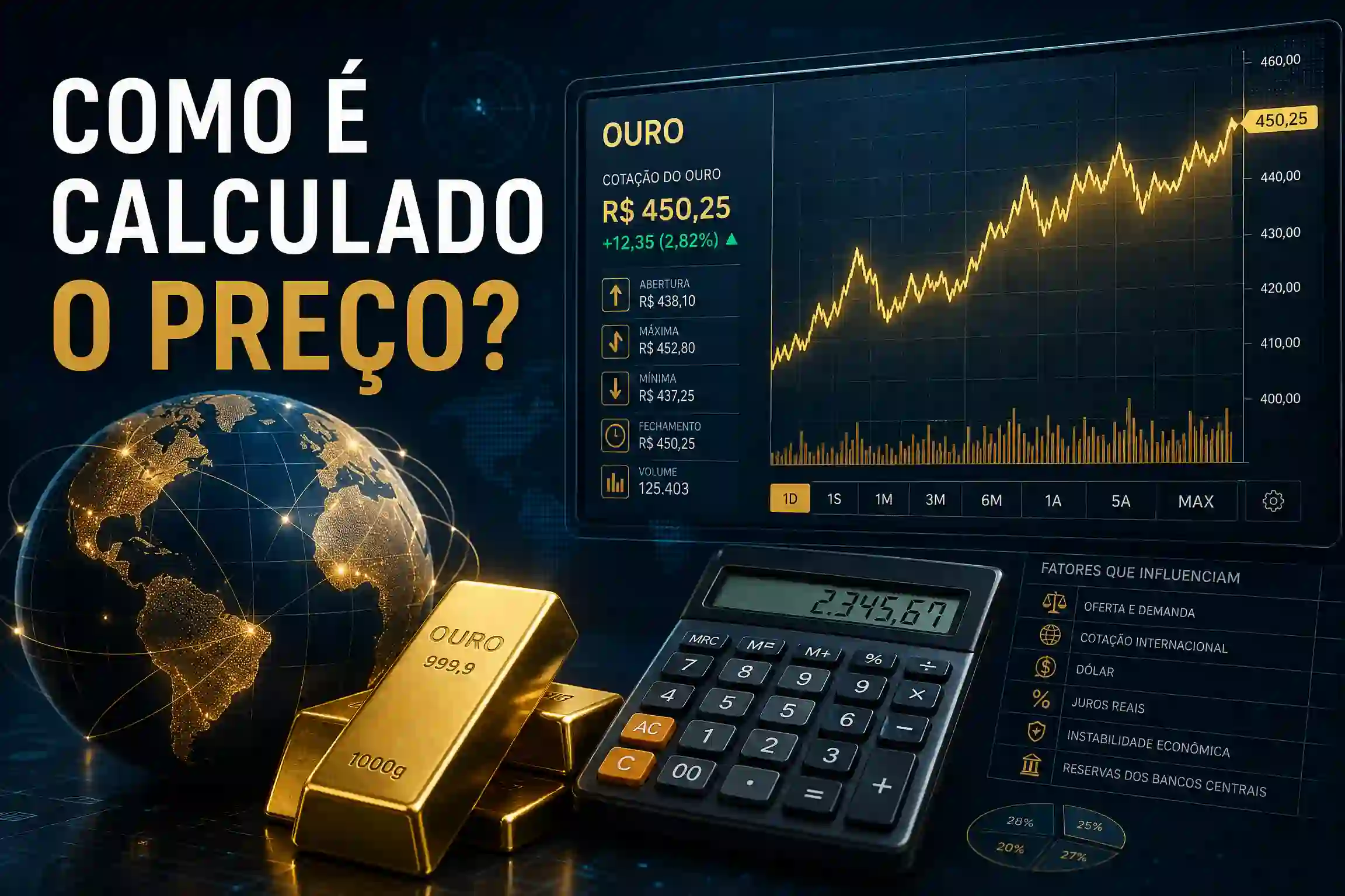 Monitor com gráfico de cotação do ouro em tempo real e elementos de cálculo financeiro global.