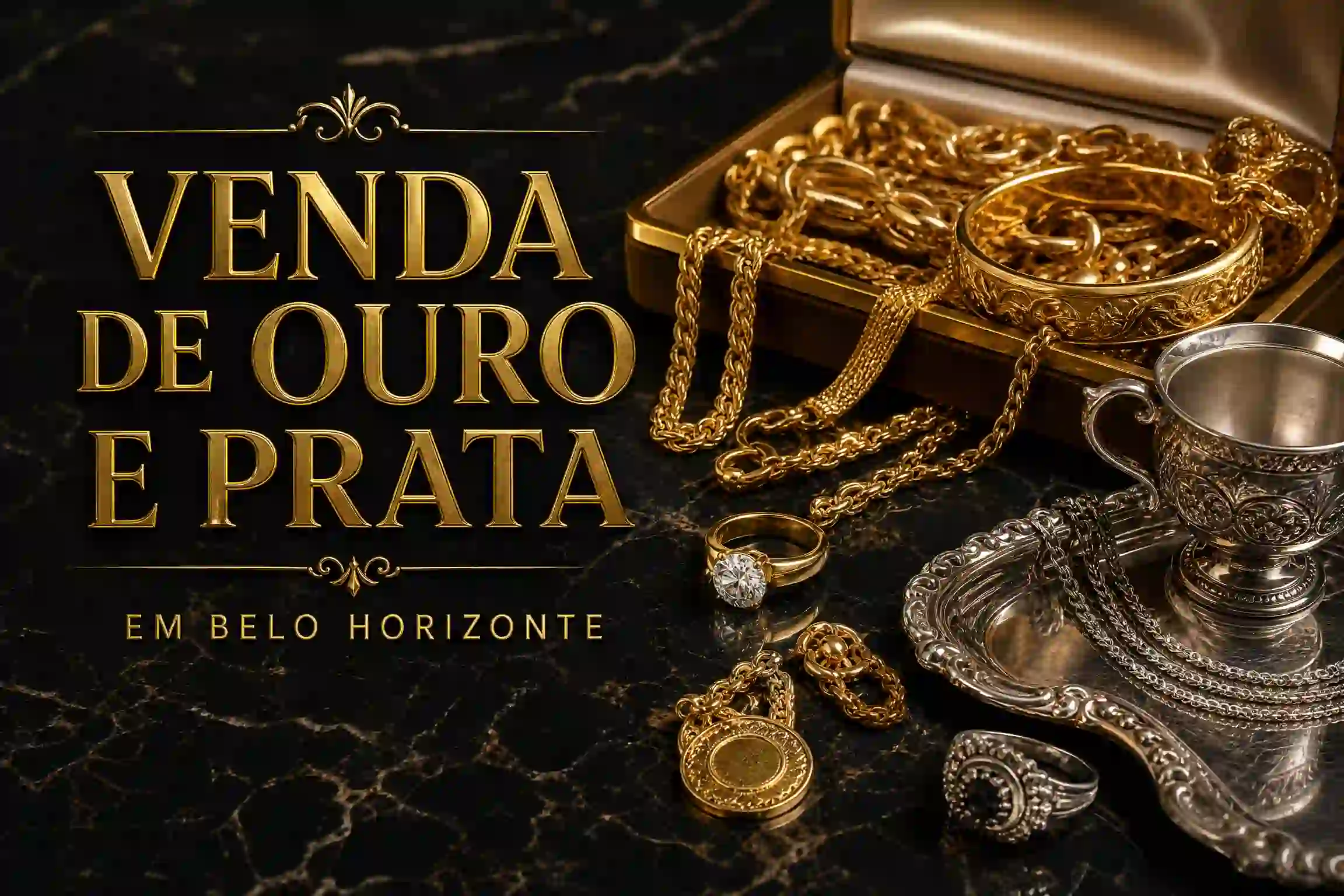 Venda de ouro e prata em Belo Horizonte com exposição de joias luxuosas e barras de metal precioso sobre mármore escuro.