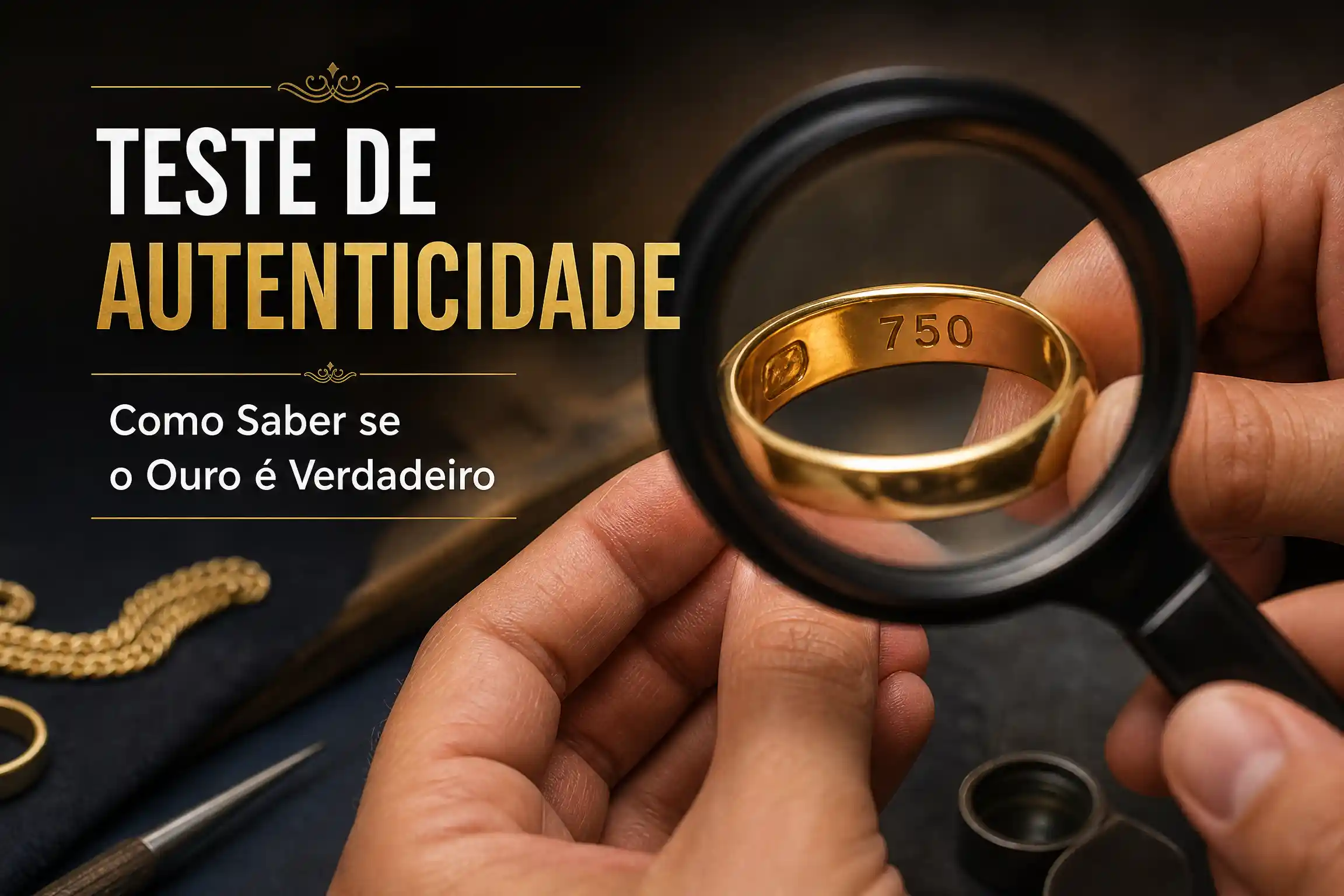 Especialista analisando autenticidade de anel de ouro com lupa profissional, destacando o teste de ouro verdadeiro.