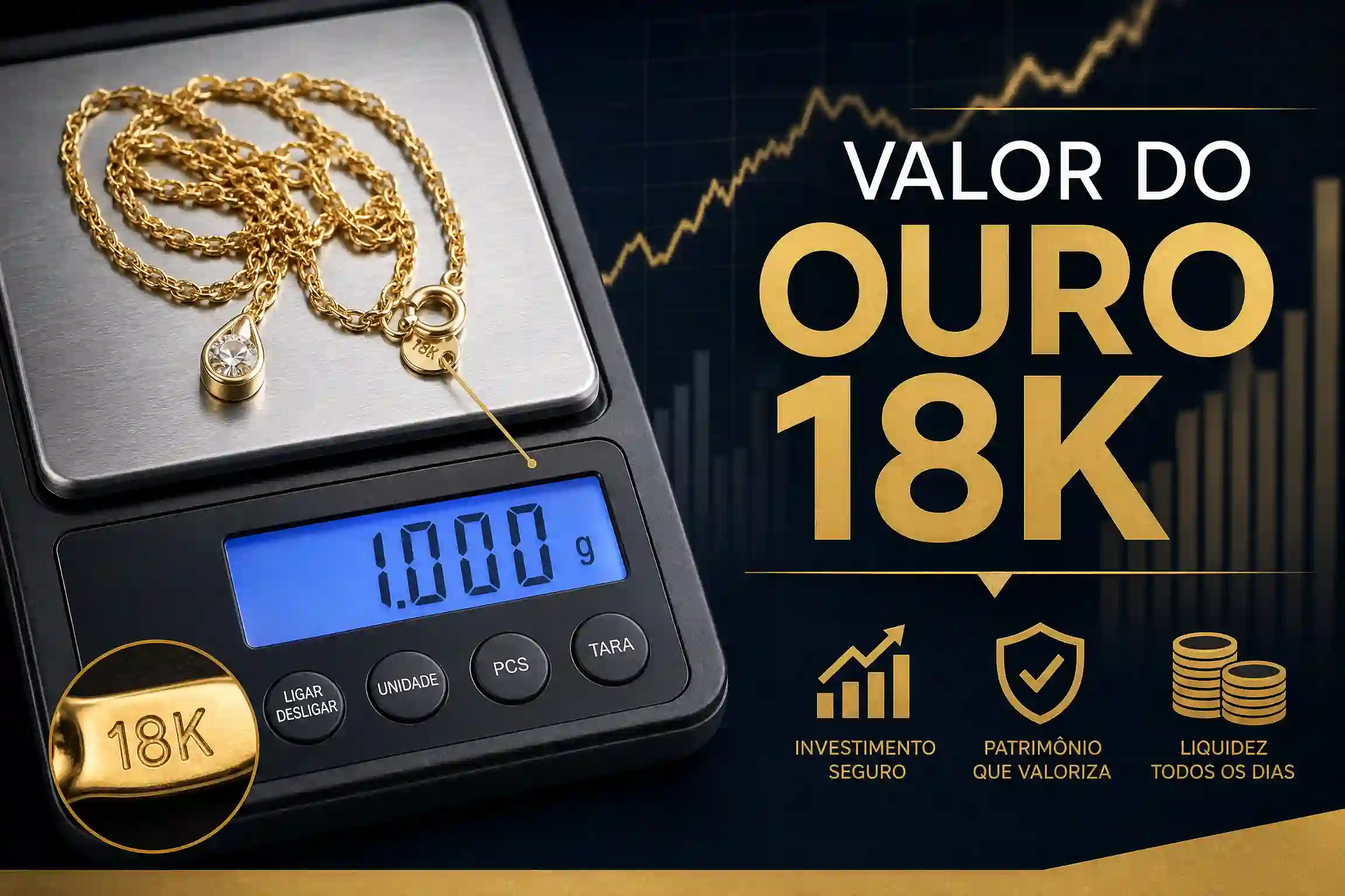 Balança digital de precisão pesando corrente de ouro 18k com foco no valor do grama do ouro hoje.