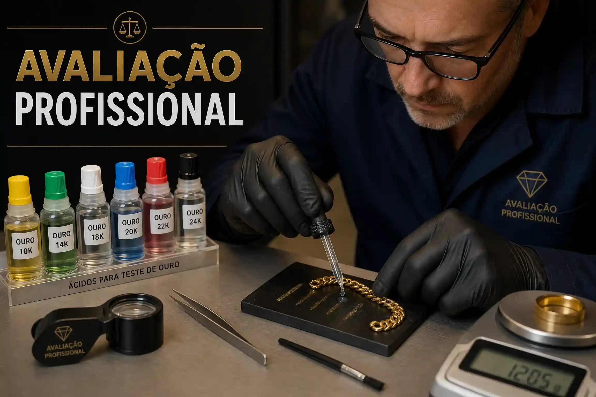 Processo técnico de avaliação de ouro com pedra de toque e ácidos de teste em ambiente de joalheria profissional.