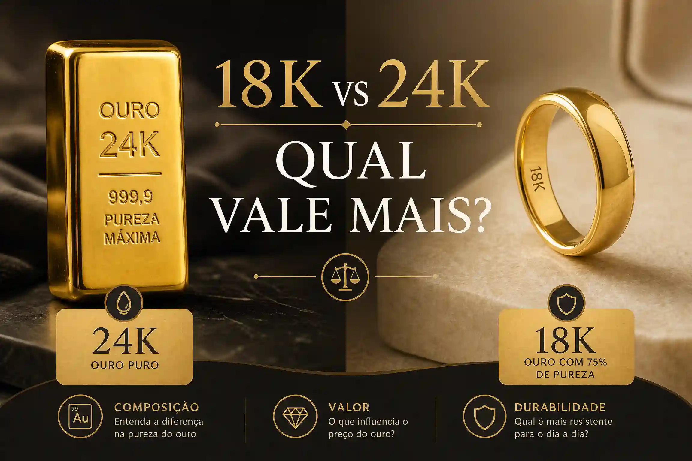 Comparativo visual entre barra de ouro puro 24k e aliança de ouro 18k, ilustrando a diferença de pureza.