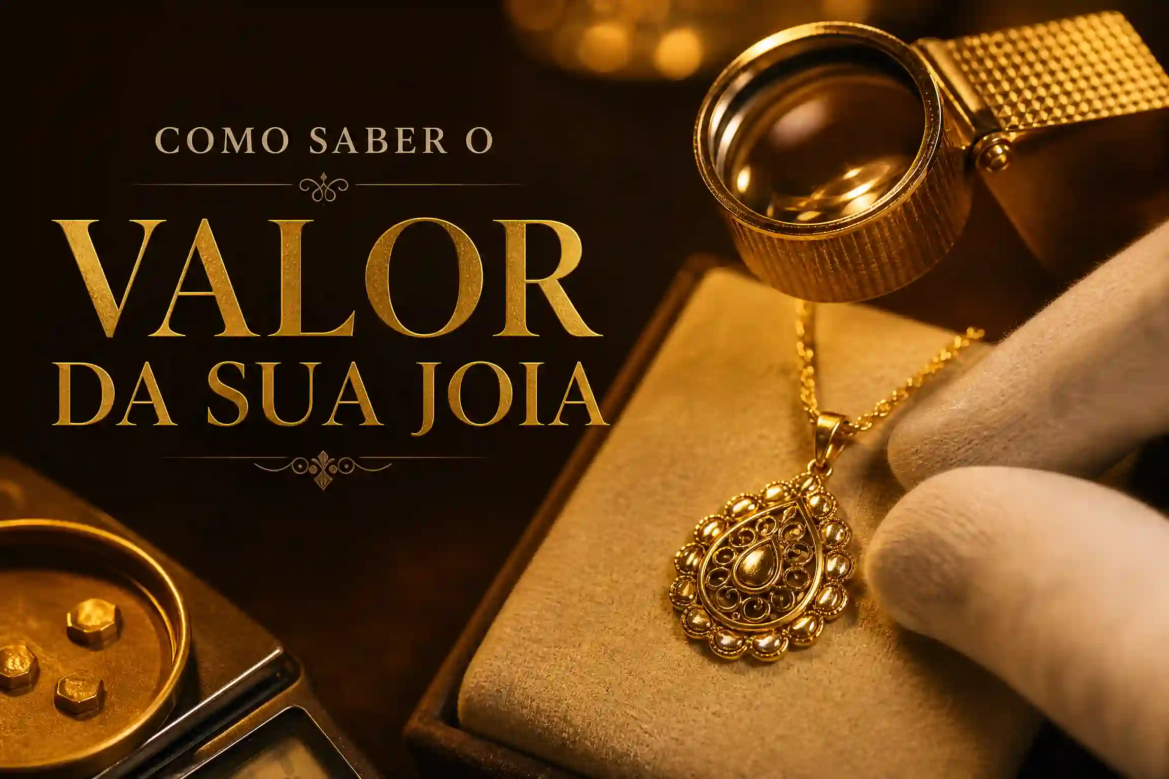 Joia de ouro luxuosa sendo iluminada para inspeção de design e marca, focando na valorização além do peso.