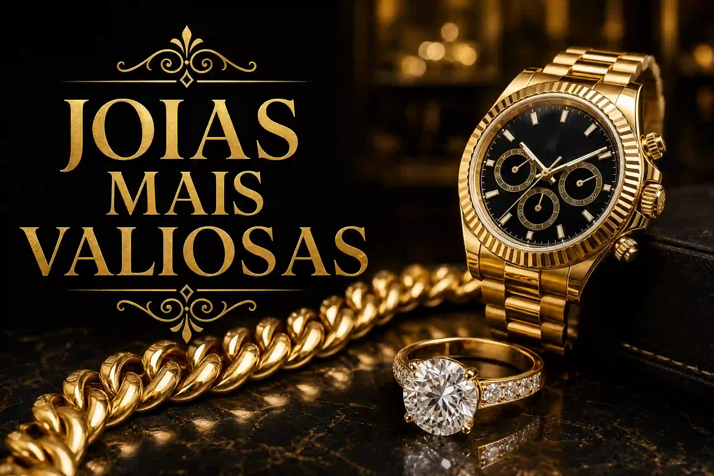 Seleção de joias de alta liquidez incluindo relógio de luxo, corrente grossa e anel com diamante.