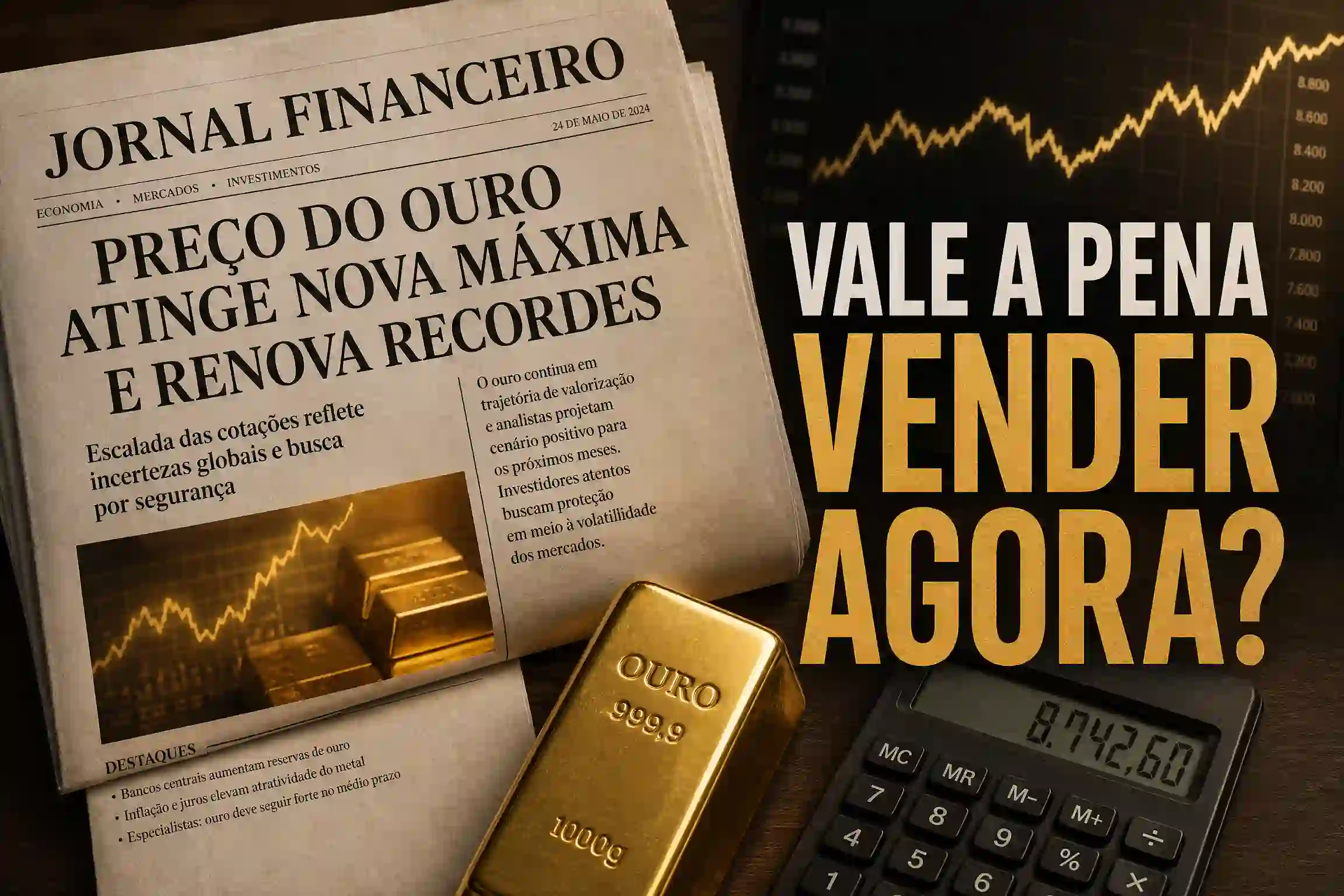 Jornal financeiro com manchete sobre alta do ouro ao lado de barras de ouro e calculadora, sugerindo momento de venda.