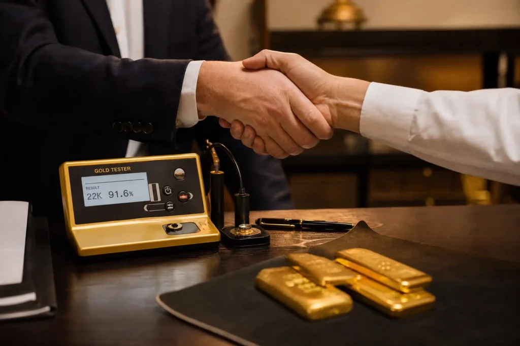 Aperto de mãos simbolizando um acordo de negócios justo e seguro na venda de barras de ouro.