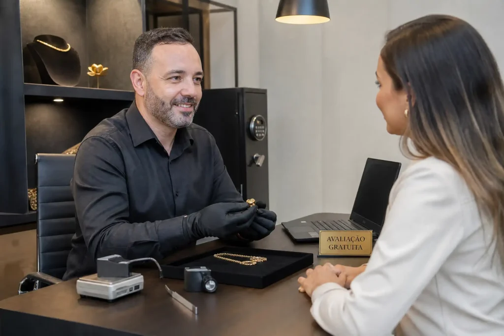 Especialista da Metais Nobres BH realizando avaliação gratuita para um cliente.