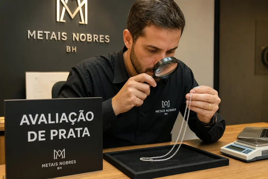 Especialista da Metais Nobres BH examinando a autenticidade de um colar de prata com lupa.