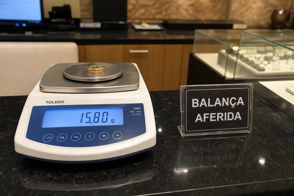 Balança digital de precisão aferida mostrando o peso de uma joia em gramas.