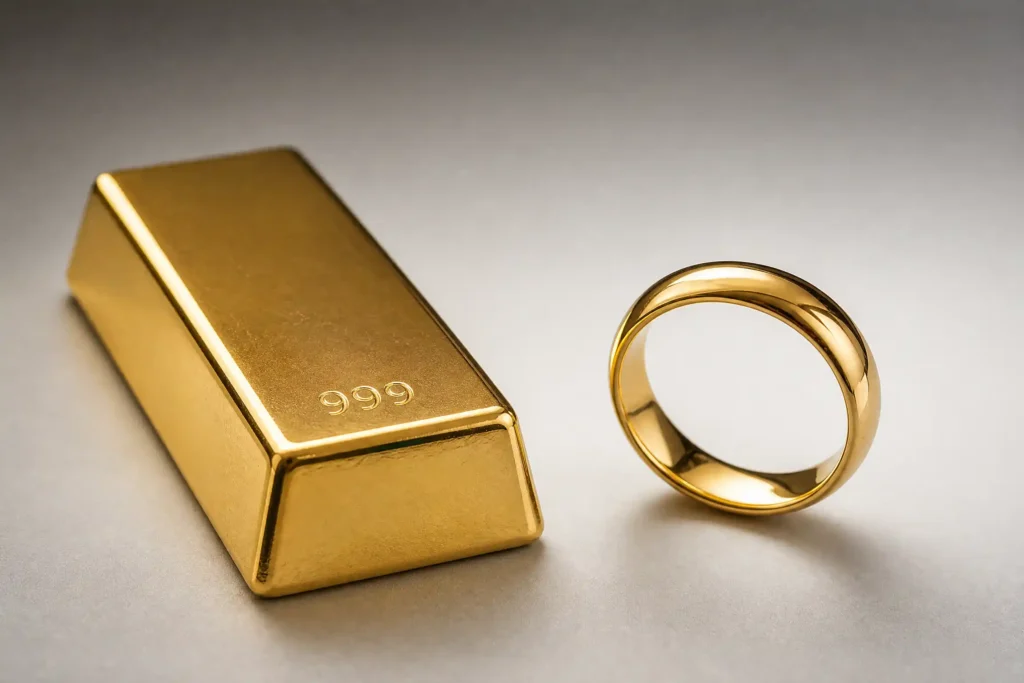 Comparação visual entre uma barra de ouro 24K e uma aliança de ouro 18K.