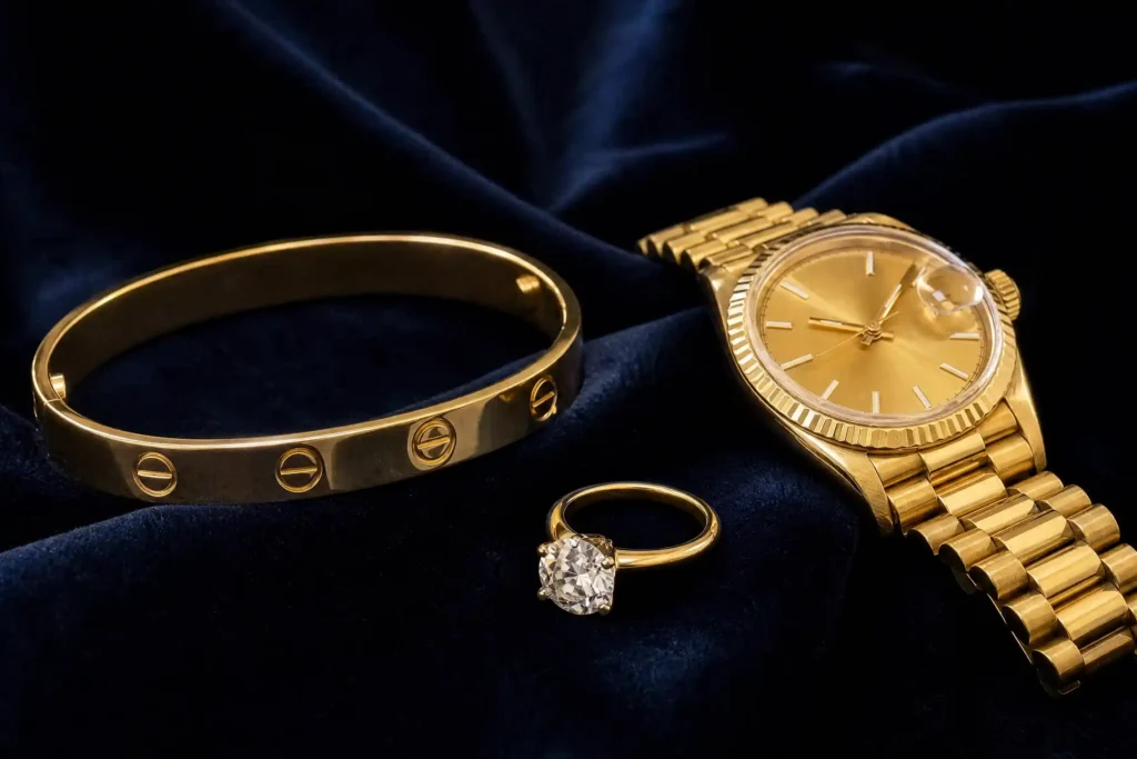 Seleção de joias de luxo de alta liquidez: pulseira Cartier, anel Tiffany e relógio Rolex de ouro.
