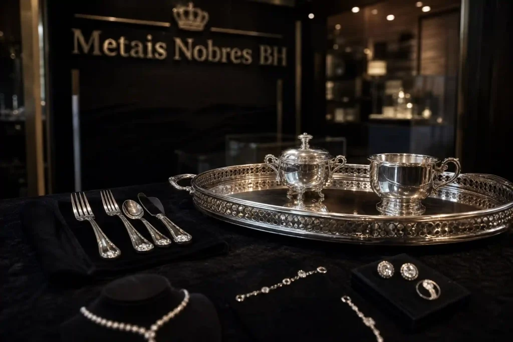 Exposição profissional de objetos de prata: bandeja, talheres e joias na Metais Nobres BH.