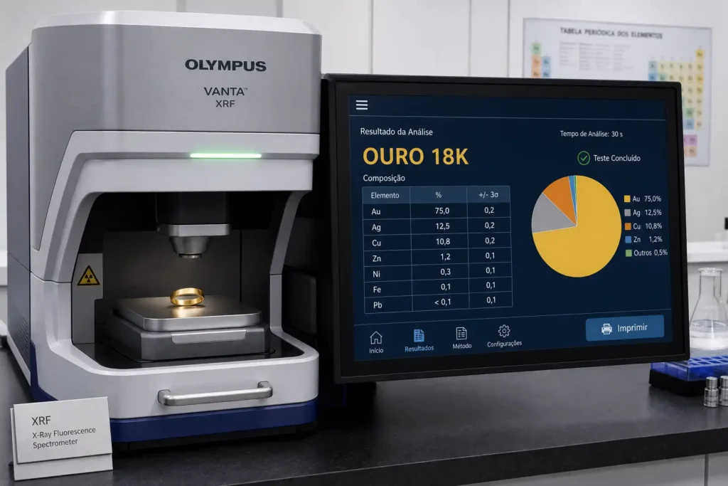 Máquina de espectrometria XRF analisando a pureza de um anel de ouro 18K.
