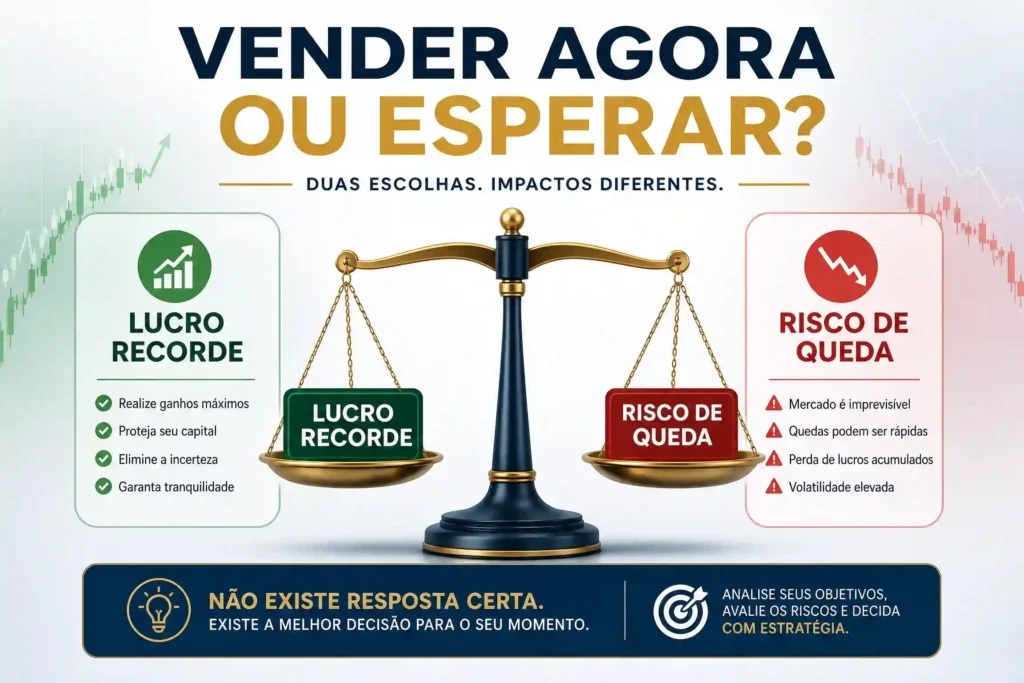 Infográfico comparativo em português: Vender Agora para Garantir Lucro Recorde vs. Risco de Queda do Ouro.
