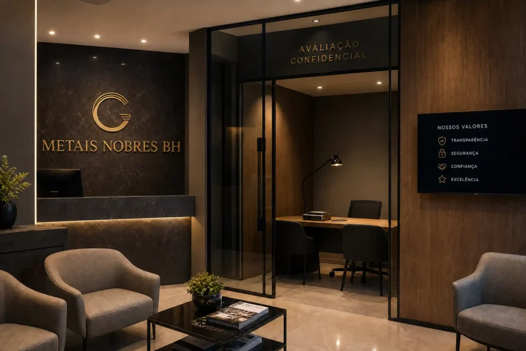 Interior seguro e moderno da Metais Nobres BH, local especializado em compra de ouro em Belo Horizonte.