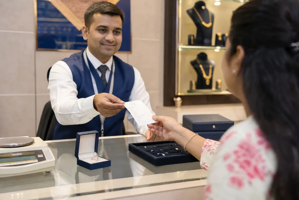 Especialista da Metais Nobres BH realizando pagamento imediato para cliente após avaliação de joias.