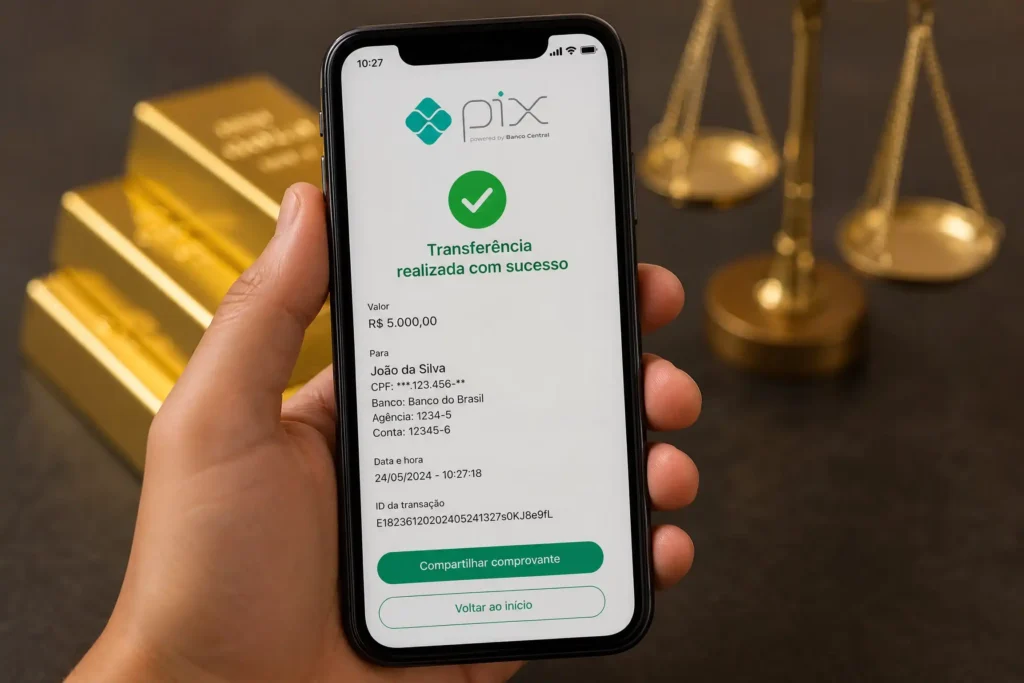 Smartphone exibindo comprovante de transferência Pix após venda de ouro na Metais Nobres BH.