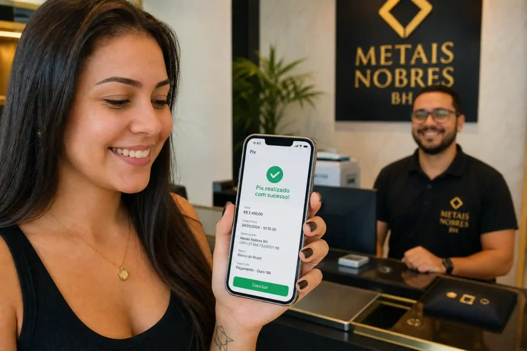 Cliente satisfeita conferindo o pagamento imediato via Pix pela venda de sua prata.