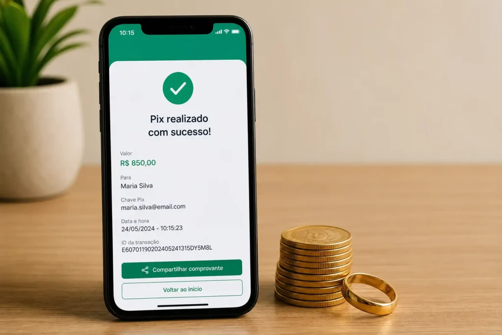 Smartphone exibindo confirmação de Pix realizado com sucesso ao lado de joias e moedas de ouro.