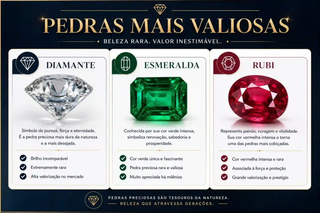 Infográfico em português mostrando as pedras preciosas mais valiosas: Diamante, Esmeralda e Rubi.