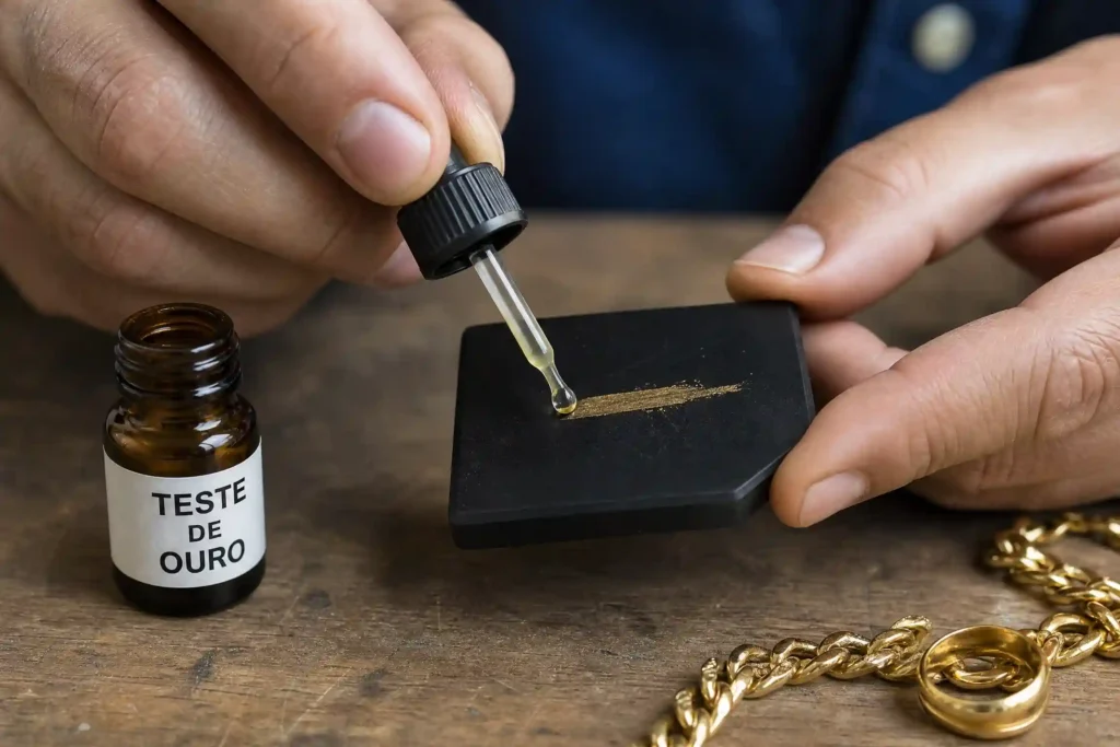 Realização do teste de toque em ouro com ácido nítrico e pedra de toque.