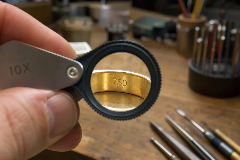 Lupa de joalheiro mostrando a marcação 750 no interior de um anel de ouro 18K.