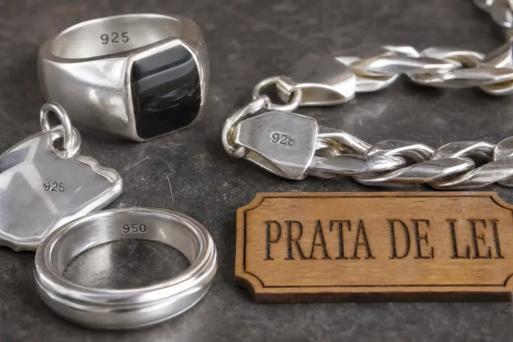 Peças de prata com marcações de pureza 925 e 950 e placa indicando Prata de Lei.